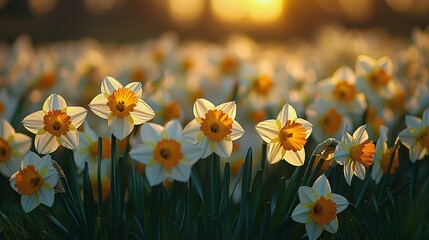 Fototapeta premium Daffodils in Bloom: Captivating Spring Meadow Under Morning Light