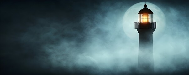 Haunting Lighthouse by the Sea - Eerie Mist and Flickering Lights Cast Shadows Over Dark Waves Under a Full Moon