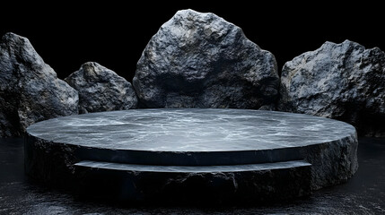 Circular stone platform surrounded by large rocks in a dark setting.