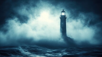 A lone lighthouse stands tall against a stormy sea and foggy sky, its light piercing the darkness.