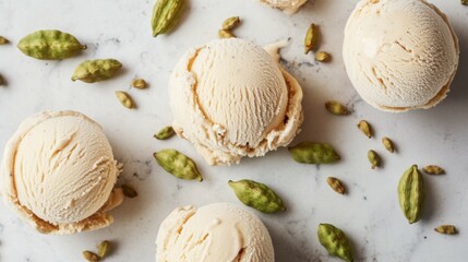 Creamy Cardamom Ice Cream Scoops on Marble Surface