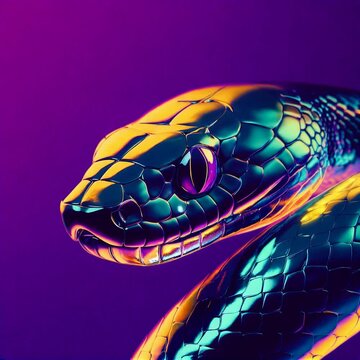  Iridescent Snake Head in Vibrant Colors Against Purple Background