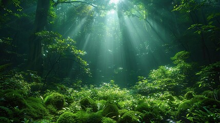 Obraz premium Environmental conservation concept, depicting a lush green forest with sunlight filtering through the trees, emphasizing the importance of preserving natural habitats for biodiversity. Realistic