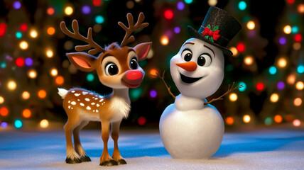 cheerful reindeer and snowman with top hat celebrate holiday season