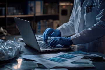 Scientist analyzing data on laptop in lab setting.
