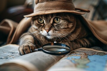 This charming scene features a tabby cat dressed in a detective hat, intently studying a map and holding a magnifying glass. The cozy indoor setting adds a playful touch