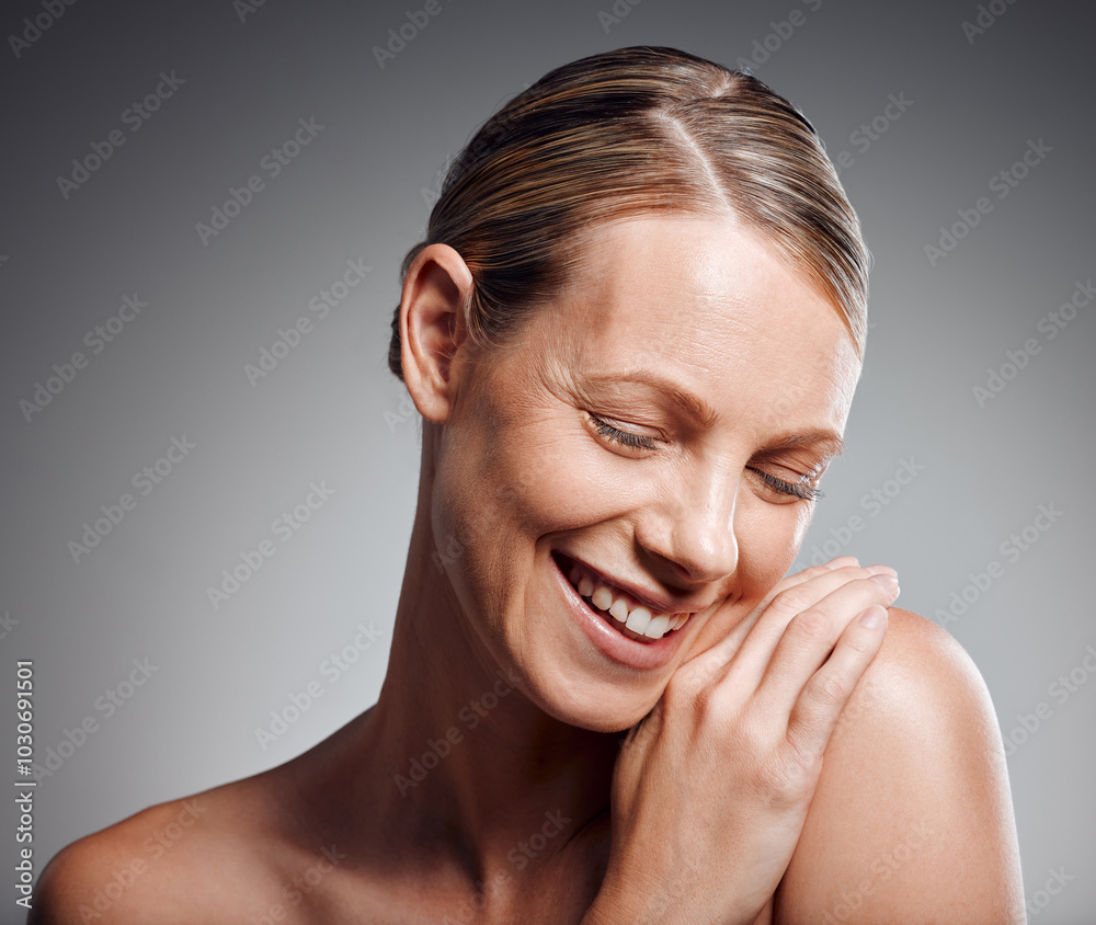 Sticker Beauty, hand and shoulder of mature woman in studio on gray background for facial cosmetics. Face, skincare and smile with happy model person at salon or spa for antiaging dermatology treatment