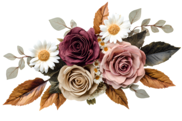 Floral arrangement of roses and daisies with leaves