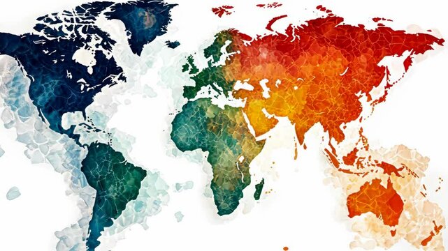 A watercolor world map shows the continents in shades of blue, green, orange, and red