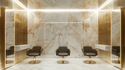 Hair salon featuring minimalist design, marble walls, brass accents, and soft lighting, providing a luxurious feel for high-end clientele.