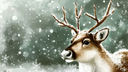 reindeer with soft expression stands amidst falling snowflakes, evoking serene winter scene