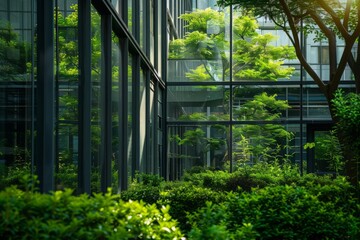 Architecture image with a modern glass building with a lot of green plants trees MONA