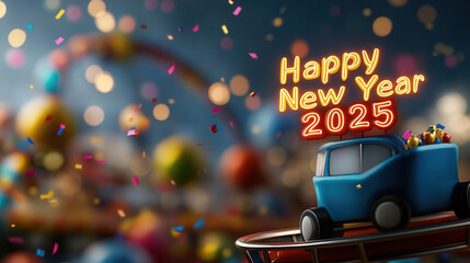 vibrant carnival scene celebrating Happy New Year 2025, filled with colorful decorations and festive confetti, creating joyful atmosphere for new year