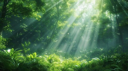 Fototapeta premium Environmental conservation concept, featuring a lush green forest with sunlight filtering through the trees, highlighting the need to preserve natural habitats for biodiversity. Realistic photo. High
