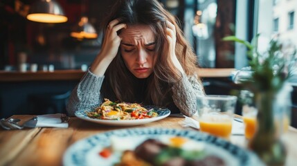 Woman pondering over a colorful meal at a cafe