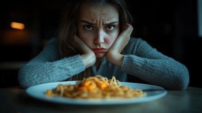 Woman in dim room disdainfully stares at pasta dish.