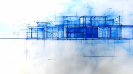 Abstract architectural blueprint in blue tones and grid lines.
