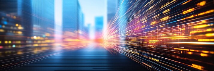 Blurred Cityscape, Futuristic Light Trails, Digital Data Stream, Technology and Innovation