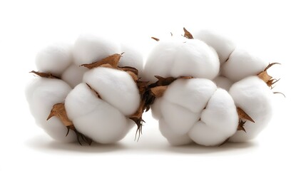 Cotton Flowers on White Background: Delicate cotton flowers isolated against a clean white backdrop. These fluffy blooms are the raw material for textiles. 