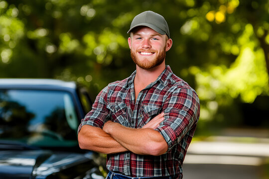 An American man in a plain shirt and cap stands with crossed arms in front of his pickup truck, looking confident.