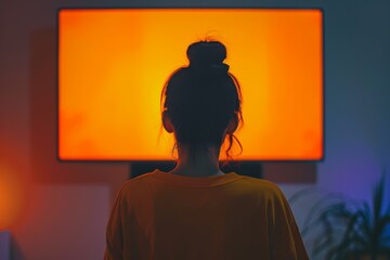 App preview asian woman in her 30s in front of an smart-tv with an entirely orange screen