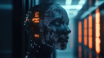 Digital humanoid face with illuminated data patterns