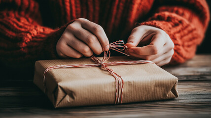 person tying ribbon on beautifully wrapped gift, showcasing joy of giving