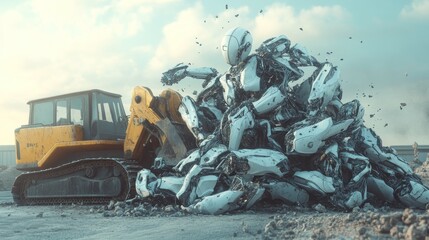 Fototapeta premium Heavy bulldozer buries broken robots in city setting
