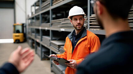 Warehouse supervisor discussing with team in storage area
