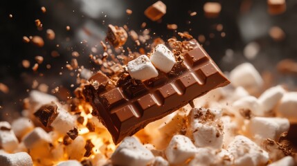Chocolate Bar Colliding with Marshmallows in Motion