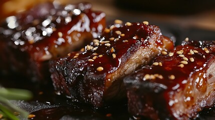 Close-up of Glazed Pork Belly with Sesame Seeds