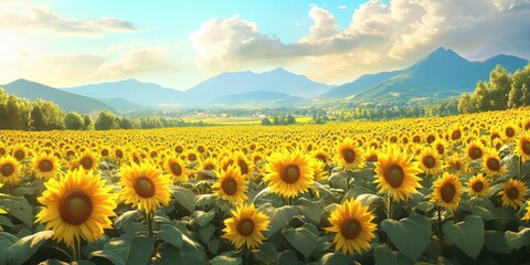 Fototapeta premium Sunflowers bloom in a field beneath a mountain.