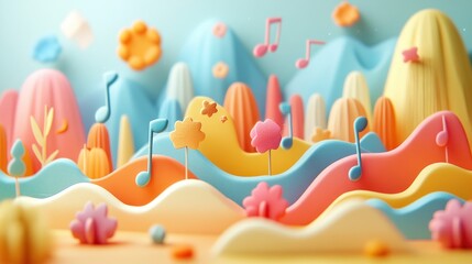 Colorful 3D landscape with musical notes floating above hills, trees and flowers.