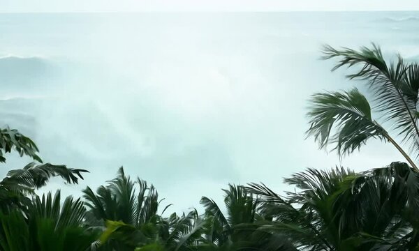 Massive waves and strong winds during a Category 5 hurricane with palm trees swaying violently