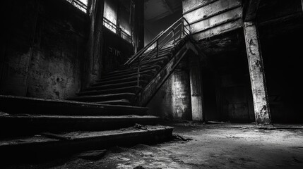 Dark, abandoned, concrete staircase.