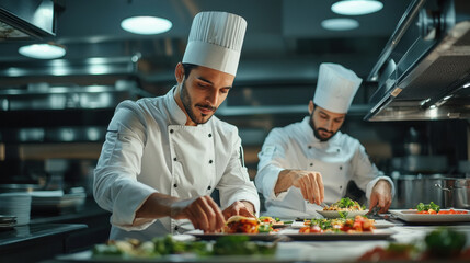 indian chefs carefully plating a gourmet dish