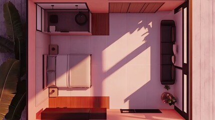 3D design of a contemporary apartment floor plan, HD top view showing a spacious living area, bedroom, and kitchen layout