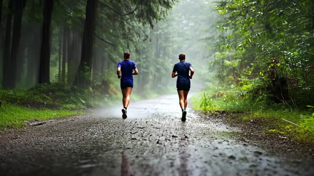 Two people run on a wet, gravel path through a forest