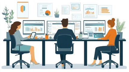 Three colleagues working on computers and laptops, analyzing data charts and graphs,  in an office setting.