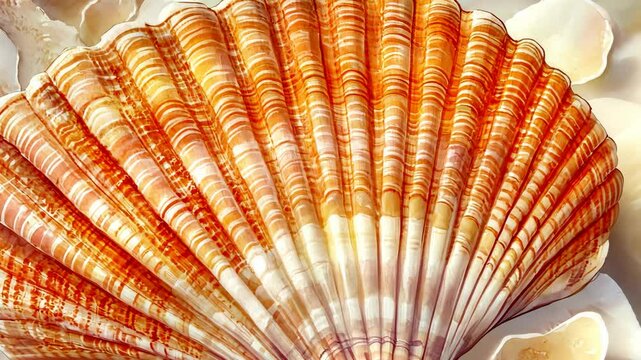 A large scallop shell with vibrant orange and white stripes is sitting on a beach