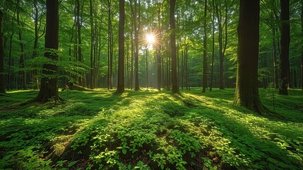 Obraz premium Lush green forest with sunlight filtering through the trees, emphasizing the need for environmental conservation and preserving natural habitats for biodiversity. Realistic photo. High resolution