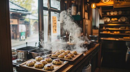 Hot Japanese steaming fresh from the oven, with a rustic wooden counter and a cozy Japanese bakery atmosphere.