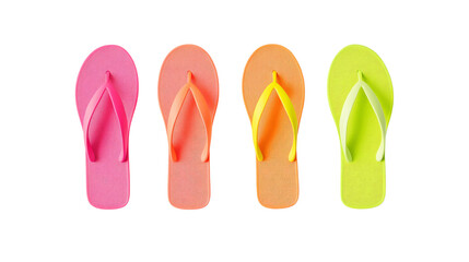 Vibrant row of pink, orange, and green flip-flops symbolizing summer fun. Ideal for beach themes, vacation concepts, or casual footwear designs.