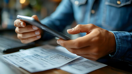 Person using a smartphone while reviewing documents on a desk.