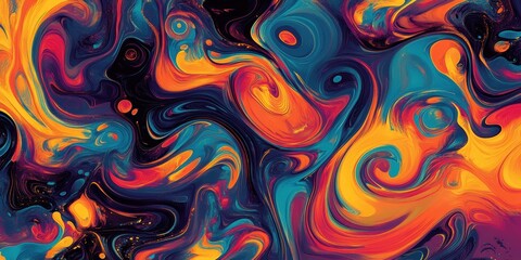 Abstract liquid swirls in blue, orange, and black.