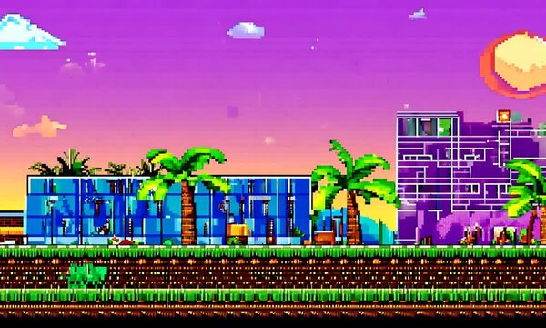 Pixelated cityscape with palm trees, buildings, and a vibrant sunset sky in a retro video game style
