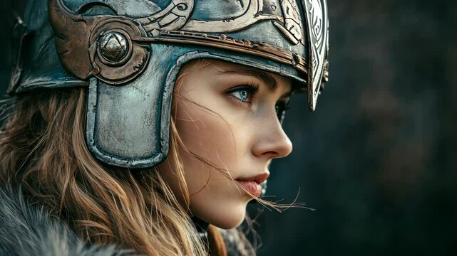 A woman wearing a metal helmet with intricate designs looks to the side