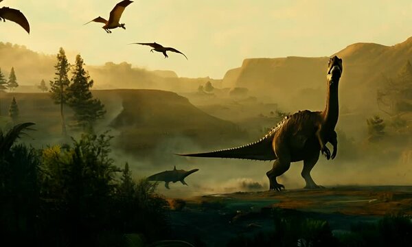 Dinosaur in prehistoric jungle landscape with flying reptiles and dense vegetation in a dramatic sunset scene