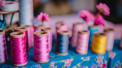 Colorful Polyester Threads: A vibrant array of polyester threads arranged neatly on spools, ready for sewing or weaving. 