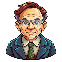 Cartoon character of a serious elderly man, white isolate background.